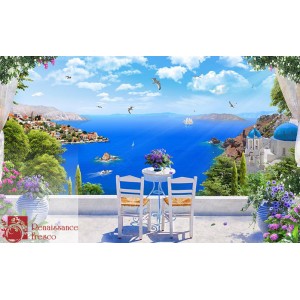 Арт: 50052 Морской пейзаж Греции. Фреска или фотообои на заказ.