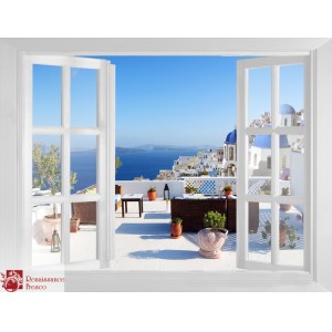 Арт: F1086 Окно с видом на Грецию. Фреска или фотообои на заказ.